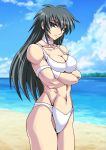  1girl beach bikini black_hair blue_eyes long_hair muscle original shimamoto_utako solo swimsuit tagme taroimo_(00120014) water white_bikini 