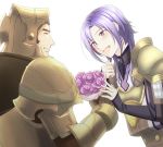  armor blush bouquet brown_hair closed_eyes fire_emblem fire_emblem_echoes:_mou_hitori_no_eiyuuou flower gloves helmet highres kakiko210 leo_(fire_emblem) long_hair male_focus multiple_boys open_mouth purple_eyes purple_hair teeth valbar_(fire_emblem) white_background yaoi 