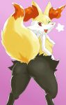  anthro braixen breasts butt canine compression_artifacts cute_fangs featureless_crotch female happy hi_res karasumareko looking_back looking_down mammal nintendo one_eye_closed open_mouth pink_background pok&eacute;mon pok&eacute;mon_(species) rear_view red_eyes simple_background small_breasts smile solo standing star video_games wink 