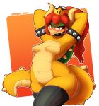  2018 absurd_res anthro blush bowser breasts clothing crossgender fangs featureless_breasts female hair hi_res horn koopa legwear long_hair looking_at_viewer mario_bros nintendo nipple_bulge red_eyes red_hair scalie solo super_crown thick_thighs thigh_highs video_games whygena 
