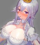  :p bangs blush breasts choker cleavage commentary_request crown dress earrings embarrassed eyebrows_visible_through_hair gatling033 gloves grey_background grey_hair hair_between_eyes hand_on_own_chest heart heart_earrings highres jewelry large_breasts long_hair looking_at_viewer luigi's_mansion mario_(series) new_super_mario_bros._u_deluxe nose_blush pointy_ears princess_king_boo puffy_short_sleeves puffy_sleeves purple_eyes purple_tongue short_sleeves simple_background solo super_crown tongue tongue_out upper_body white_choker white_dress white_gloves 