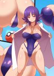  ass ass_visible_through_thighs bangs barefoot blue_background blush breasts casual_one-piece_swimsuit cleavage closed_mouth coat collarbone covered_navel eyebrows_visible_through_hair flipped_hair groin half-closed_eyes head_tilt highleg highleg_swimsuit highres jewelry konno_tohiro labcoat large_breasts legs_apart looking_at_viewer medium_hair multiple_views necklace one-piece_swimsuit open_clothes open_coat parted_bangs partially_visible_vulva poke_ball poke_ball_(generic) pokemon pokemon_(anime) purple_eyes purple_hair purple_swimsuit ring shiny shiny_hair shiny_skin sidelocks simple_background smile standing strapless strapless_swimsuit swimsuit uchikido_(pokemon) white_coat 