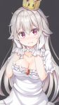  bangs blush breasts cleavage closed_mouth collarbone commentary_request crown dress eyebrows_visible_through_hair fangs fangs_out frilled_dress frills gloves grey_background grey_hair hair_between_eyes hair_flaps hands_on_own_face head_tilt keiran_(ryo170) large_breasts long_hair luigi's_mansion mario_(series) mini_crown new_super_mario_bros._u_deluxe nose_blush princess_king_boo puffy_short_sleeves puffy_sleeves purple_eyes short_sleeves simple_background solo super_crown tears very_long_hair wavy_mouth white_dress white_gloves 