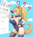  ? armlet armpits black_legwear black_leotard blonde_hair blue_eyes bowsette bracelet breasts collar commentary_request covered_navel covered_nipples crown day earrings frilled_legwear gem hand_on_hip highres horns jewelry koume_keito lace lace-trimmed_leotard lace-trimmed_thighhighs large_breasts leotard long_hair mario_(series) meta navel new_super_mario_bros._u_deluxe open_mouth pointy_ears ponytail sharp_teeth sky solo spiked_bracelet spiked_collar spikes strapless strapless_leotard super_crown sweatdrop tail teeth thighhighs translated truth turtle_shell twitter 