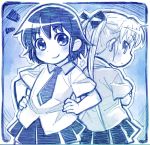  blue blush bow commentary_request eyebrows_visible_through_hair hair_bow hand_on_hip kill_me_baby looking_at_viewer monochrome multiple_girls necktie oribe_yasuna pleated_skirt sakino_shingetsu short_hair short_sleeves skirt smile sonya_(kill_me_baby) tied_hair twintails 