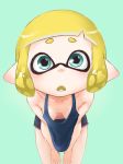  1girl blue_eyes breasts domino_mask dondoruma downblouse female inkling leaning_forward looking_at_viewer mask nintendo open_mouth pointy_ears short_shorts shorts small_breasts solo splatoon 