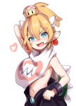  :d bangs black_skirt blonde_hair blush bowsette_jr. breasts commentary_request crown curcumin earrings eyebrows_visible_through_hair fangs hair_between_eyes head_tilt heart highres jewelry looking_at_viewer mario_(series) mini_crown navel new_super_mario_bros._u_deluxe open_mouth pointy_ears sideboob simple_background skirt small_breasts smile solo spiked_shell super_crown topless turtle_shell white_background 