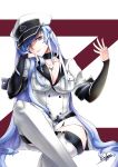  absurdres akame_ga_kill! artist_name black_collar blue_eyes blue_hair breast_pocket crossed_legs einj esdeath eyes_visible_through_hair hand_up hat highres knee_up long_hair looking_at_viewer pocket sitting solo tattoo very_long_hair white_hat white_legwear 