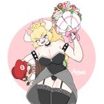  2018 animal_humanoid armband big_breasts blonde_hair blue_eyes bound bowsette_meme breasts choker cleavage clothed clothing digital_media_(artwork) duo fangs female female_focus flora_fauna garter_straps hair hi_res holding_character horn humanoid koopa legwear leotard light_skin looking_aside male mario mario_bros minoss navel nintendo piranha_plant plant pose scalie shell simple_background slit_pupils suit super_crown thigh_gap thigh_highs video_games white_background 