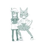  1girl :3 animal_ears backpack bag bow cat_ears cat_tail cosplay crusch_karsten felix_argyle hair_bow hat_feather highres kaban_(kemono_friends) kaban_(kemono_friends)_(cosplay) kemono_friends long_hair monochrome pantyhose pantyhose_under_shorts re:zero_kara_hajimeru_isekai_seikatsu serval_(kemono_friends) serval_(kemono_friends)_(cosplay) short_hair shorts tail 