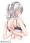  adjusting_bra adjusting_clothes arms_behind_back bare_arms bare_shoulders black_bra blush bra breasts ebifurya eyebrows_visible_through_hair from_behind grey_eyes highres kantai_collection kashima_(kantai_collection) large_breasts long_hair looking_at_viewer open_mouth shiny shiny_skin sidelocks silver_hair simple_background solo tsurime twintails twitter_username underwear underwear_only upper_body wavy_hair 