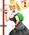  1girl apotei armlet bangs bare_shoulders between_legs black_dress blonde_hair blue_eyes blush bowsette bracelet breasts cleavage clenched_hand collar collarbone crown door doorknob dress earrings embarrassed english_text eyebrows_visible_through_hair female from_side hand_between_legs hand_up have_to_pee horns japanese_text jewelry knocking large_breasts mario_(series) motion_lines new_super_mario_bros._u_deluxe nintendo nose_blush open_mouth ponytail profile sharp_teeth shiny shiny_hair simple_background solo speech_bubble spiked_bracelet spiked_collar spikes standing strapless strapless_dress super_crown sweat tears teeth tied_hair translation_request trembling urine_meter white_background 