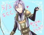  !! 1boy ;d blue_background bow_(weapon) fingerless_gloves fire_emblem fire_emblem_echoes:_mou_hitori_no_eiyuuou gloves heart kakiko210 leo_(fire_emblem) long_hair male_focus one_eye_closed open_mouth purple_eyes purple_hair smile solo weapon 