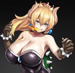  absurdres bare_shoulders blonde_hair blush bowsette bracelet breasts breathing_fire cleavage commentary_request crown dress earrings elbow_gloves fire gloves grin hair_between_eyes highres horns huge_breasts impossible_clothes impossible_dress jewelry long_hair mario_(series) new_super_mario_bros._u_deluxe ponytail sharp_teeth shiny shiny_skin smile solo spiked_bracelet spikes strapless strapless_dress super_crown teeth turtle_shell yashichii 