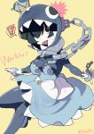  !? 1girl black_hair breasts chain_chomp chains collar crown dress female grey_skin mario_(series) nintendo open_mouth personification sharp_teeth simple_background solo teeth twitter_username yellow_background ze_(sawakihein) 