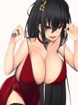  :q azur_lane black_hair black_legwear breasts choker cleavage cocktail_dress commentary_request dress hair_between_eyes hair_ornament highres huge_breasts leaning_forward licking_lips lifted_by_self lips long_hair miyashiro_ryuutarou red_choker red_dress red_eyes side_slit sidelocks simple_background smile solo strap_lift taihou_(azur_lane) thighhighs tongue tongue_out very_long_hair 