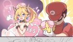  1girl :o angry bed_sheet black_hair blonde_hair blue_eyes blush bowsette bracelet breasts collar commentary covering covering_breasts crown earrings facial_hair giving gloves hat heart heart_pillow holding_crown horns jewelry large_breasts long_hair mario mario_(series) mustache new_super_mario_bros._u_deluxe nude phandit_thirathon pillow pointy_ears ponytail red_hat sheet_grab spiked_armlet spiked_bracelet spiked_collar spikes super_crown tsundere white_gloves yes yes-no_pillow 