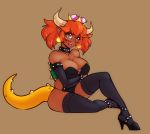  2018 alternate_species animal_humanoid armwear bowser bowsette_meme breasts cleavage clothed clothing collar crossgender dark_skin digital_media_(artwork) ear_piercing female footwear hair hi_res high_heels horn humanoid humanoidized legwear licking licking_lips looking_at_viewer mario_bros nintendo piercing pointy_ear red_hair scorpdk shoes simple_background solo super_crown tongue tongue_out video_games 