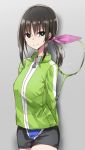  arms_behind_back badminton_racket bangs black_shorts brown_hair closed_mouth commentary empty_eyes eyebrows_visible_through_hair green_eyes green_jacket grey_background hair_between_eyes hair_ribbon hanebado! hanesaki_ayano highres jacket long_hair looking_at_viewer low_ponytail pink_ribbon piripun racket ribbon short_shorts shorts sidelocks smile solo sportswear track_jacket 