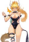  absurdres adapted_costume arm_behind_back armlet bangs black_leotard black_nails blonde_hair blue_eyes blush bowsette bracelet breasts breathing_fire bursting_breasts cat_o'_nine_tails cleavage clenched_hand clenched_teeth collar collarbone cowboy_shot crown dominatrix earrings evil_grin evil_smile eyebrows_visible_through_hair fire flame floating_hair gem grin groin hair_between_eyes halterneck hand_up high_ponytail highres hip_bones hips holding holding_whip horns jewelry large_breasts leotard lizard_tail long_hair long_ponytail looking_at_viewer mario_(series) md5_mismatch nail_polish new_super_mario_bros._u_deluxe parted_bangs pointy_ears ponytail romana sapphire_(stone) sharp_teeth shiny shiny_hair shiny_skin short_pointy_ears side_cutout sideboob simple_background skindentation smile solo spaghetti_strap spiked_armlet spiked_bracelet spiked_collar spiked_tail spikes standing super_crown tail teeth thick_eyebrows thigh_strap thighs v-shaped_eyebrows whip white_background 