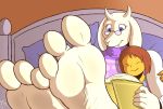  3_toes age_difference anthro barefoot bed blue_eyes book boss_monster brown_hair caprine child clothed clothing duo eyes_closed eyewear feet female foot_focus fully_clothed fur glasses goat hair hi_res holding_object horn human humanoid_feet larger_female male mammal mature_female older_female pillow plantigrade protagonist_(undertale) reading sharp_teeth size_difference smaller_male smile sweater teeth toes toriel undertale video_games white_fur young younger_male zp92 