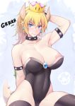  areola_slip areolae arm_behind_back arm_behind_head arm_up armlet armpits bangs bare_shoulders black_collar black_legwear black_leotard blonde_hair blue_eyes blush bowsette breasts breath cleavage clenched_teeth collar collarbone commentary_request covered_navel crown earrings eyebrows_visible_through_hair gem hair_between_eyes head_tilt highleg highleg_leotard highres horns jewelry large_breasts leotard long_hair looking_at_viewer mario_(series) naturalton new_super_mario_bros._u_deluxe nipple_slip nipples pointy_ears ponytail sharp_teeth shell shiny shiny_clothes sidelocks sitting solo spiked_collar spikes strapless strapless_leotard super_crown tail teeth thick_eyebrows thighhighs v-shaped_eyebrows 