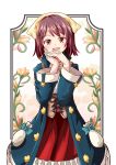  atelier_(series) atelier_sophie blush bow brown_eyes brown_hair eyebrows_visible_through_hair flower green_bow highres long_sleeves looking_at_viewer open_mouth rayhwang short_hair smile solo sophie_neuenmuller 