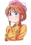  artist_request blue_eyes blush breasts elpeo_puru gundam gundam_zz highres looking_at_viewer orange_hair puru_two short_hair small_breasts solo sweater 