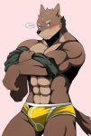  ... abs anthro barazoku biceps blush bulge canine clothed clothing fur hidanmaru lagoon_lounge looking_at_viewer male mammal manly muscular navel pecs pink_eyes shirt solo standing thick_thighs triceps underwear undressing video_games wolf yuujirou 