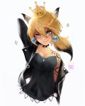  ;) arm_behind_head black_hair blonde_hair blue_eyes blush bowsette collar crown fang_out horns jacket leather leather_jacket mario_(series) multicolored_hair new_super_mario_bros._u_deluxe nose_blush off_shoulder one_eye_closed open_clothes open_jacket ponytail ross_tran signature smile solo sparkle spiked_collar spikes super_crown tattoo two-tone_hair upper_body 