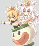  :d bare_shoulders black_dress blonde_hair blue_eyes blue_tongue blush boo bowsette bracelet brooch collar commentary_request crown dress earrings eyebrows_visible_through_hair fang gloves hair_between_eyes horns jewelry kolshica koopa_clown_car long_hair looking_at_viewer luigi's_mansion mario_(series) multiple_girls multiple_riders new_super_mario_bros._u_deluxe open_mouth outstretched_arm pointing princess_king_boo purple_eyes sharp_teeth short_hair simple_background smile spiked_bracelet spiked_collar spikes super_crown teeth tongue tongue_out white_dress white_gloves white_hair younger 