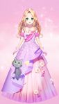  :d animal bangs bare_shoulders blonde_hair blush cat commentary_request copyright_request detached_sleeves dress fairy_wings flower forehead full_body gloves gradient gradient_wings green_eyes highres long_hair looking_at_viewer momoshiki_tsubaki multicolored multicolored_wings open_mouth parted_bangs pink_background pink_gloves pleated_dress princess purple_dress purple_flower purple_rose purple_wings rose single_hair_intake smile solo standing strapless strapless_dress virtual_youtuber white_flower white_rose wings yellow_wings 