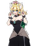  :d artist_name bare_shoulders black_dress blonde_hair blue_eyes blush bowsette bracelet breasts collar commentary crown dress earrings eyebrows_visible_through_hair fang hands_up highres horns jewelry large_breasts looking_at_viewer mario_(series) new_super_mario_bros._u_deluxe open_mouth pointy_ears ponytail savi_(byakushimc) simple_background smile solo spiked_bracelet spiked_collar spiked_shell spikes strapless strapless_dress super_crown thick_eyebrows turtle_shell v-shaped_eyebrows white_background 