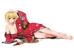  ahoge barefoot blonde_hair braid breasts commentary eyebrows_visible_through_hair fate/extra fate/grand_order fate_(series) french_braid green_eyes hand_on_own_head japanese_clothes kimono kizuchi_r large_breasts lying nero_claudius_(fate) nero_claudius_(fate)_(all) on_side sash short_hair signature simple_background solo white_background 