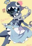  !? 1girl breasts chain_chomp chains collar crown dress female grey_skin mario_(series) monster_girl nintendo no_pupils open_mouth personification solo twitter_username yellow_background ze_(sawakihein) 