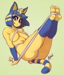  2018 4_toes :&lt; animal_crossing ankha_(animal_crossing) anthro bandage black_eyes blue_fur blue_hair breasts buxbi cat clothed clothing egyptian eyelashes eyeshadow feet feline female fur hair looking_at_viewer makeup mammal navel nintendo pose signature simple_background skimpy solo striped_tail stripes toes video_games yellow_fur 