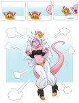  ? ambris_art android_21 black_nails blue_eyes breasts cleavage comic commentary crown detached_sleeves dragon_ball dragon_ball_fighterz earrings hair_between_eyes harem_pants high_heels highres hoop_earrings jewelry kirby kirby_(series) long_hair majin_android_21 mario_(series) midriff nail_polish navel new_super_mario_bros._u_deluxe pants pink_skin pointy_ears strapless super_crown tail tubetop very_long_hair wavy_hair white_hair white_pants 