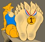  2015 5_toes anthro breasts dirty_feet fangs feet female foot_focus grin gymnast humanoid_feet medallion plantigrade reptile scalie selena_(zp92) smile snake solo toes zp92 