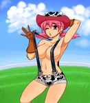  akane_(pokemon) armpits bad_id bad_pixiv_id breasts cowboy_hat fringe_trim gloves gym_leader hand_behind_head hat kitsune-tsuki_(getter) large_breasts naked_suspenders one_eye_closed pink_hair pokemon pokemon_(game) pokemon_gsc revealing_clothes solo suspenders topless twintails western 