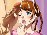  1girl arika_yumemiya blue_eyes blush brown_hair censored cum cum_on_body cum_on_clothes cum_on_hair cum_on_upper_body earrings ejaculation facial handjob jewelry mai_otome my-otome open_mouth penis same sergay_wong testicles wink 