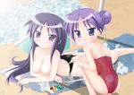  alternate_hairstyle beach bikini breasts cleavage double_bun hiiragi_kagami hiiragi_miki lucky_star medium_breasts multiple_girls one-piece_swimsuit purple_eyes purple_hair rodori_gesu swimsuit topless 