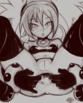  1girl all_fours anus ass blush_stickers boots breasts demon_girl disgaea etna female legs_up looking_at_viewer monochrome no_panties pointy_ears pussy randomboobguy small_breasts spread_anus succubus twintails uncensored 