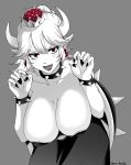  bent_over borrowed_character bowsette bracelet breasts claw_pose cleavage collar collarbone commentary_request cowboy_shot crown dress eyebrows_visible_through_hair eyelashes fingernails grey_background greyscale hair_between_eyes highres huge_breasts jewelry lipstick long_ponytail looking_at_viewer makeup mario_(series) monochrome new_super_mario_bros._u_deluxe open_mouth pointy_ears red_earrings red_eyes red_lipstick sharp_fingernails short_hair sidelocks simple_background smile solo spiked_bracelet spiked_collar spikes spot_color strapless strapless_dress super_crown teruteru_boudzu 