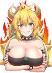  bare_shoulders black_nails blonde_hair blush bowsette bracelet breasts cleavage collar commentary_request crossed_arms crown earrings eyebrows_visible_through_hair fingernails fire grin hair_between_eyes horns jewelry kanden_suki large_breasts looking_at_viewer mario_(series) nail_polish new_super_mario_bros._u_deluxe pointy_ears sharp_nails sharp_teeth smile solo spiked_bracelet spiked_collar spikes super_crown teeth twitter_username 