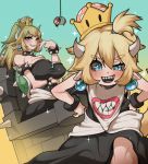  2girls absurdres bare_shoulders black_dress blonde_hair blush bowsette bowsette_jr. bracelet breasts cleavage clenched_teeth collar commentary_request crown dress grin highres jewelry long_hair looking_at_viewer mario mario_(series) multiple_girls new_super_mario_bros._u_deluxe open_mouth sharp_teeth smile spiked_bracelet spiked_collar spikes ssangbong-llama super_crown teeth throne 