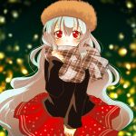  8i83ash alternate_costume bangs black_sweater blurry blurry_background blush brown_hat commentary_request depth_of_field double_horizontal_stripe eyebrows_visible_through_hair fur_hat grey_scarf hand_up hat iron_maiden_jeanne long_hair long_sleeves looking_at_viewer plaid plaid_scarf red_eyes red_skirt scarf scarf_over_mouth shaman_king sidelocks silver_hair skirt smile solo standing sweater very_long_hair 