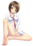  ahoge bangs bare_legs barefoot bow bow_panties breasts brown_eyes brown_hair collared_shirt commentary_request eyebrows_visible_through_hair full_body grin head_tilt ki_(kk-sk-ray) long_sleeves medium_breasts necktie no_pants original panties panties_aside pussy red_neckwear shirt sitting smile solo underwear white_background white_panties white_shirt 