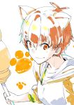  animal_ears cat_ears commentary_request fate/grand_order fate/stay_night fate_(series) fujimura_taiga hair_between_eyes holding holding_staff hood hood_down hoodie jaguarman_(fate/grand_order) long_sleeves looking_at_viewer male_focus orange_hair paw_print red_eyes short_hair sketch sleeves_rolled_up smile solo staff torichamaru 