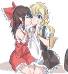 ? ascot bare_shoulders black_eyes blonde_hair blue_bow blush bow braid brown_hair commentary_request detached_sleeves food food_on_face frills hair_between_eyes hair_bow hair_tubes hakurei_reimu holding holding_food kirisame_marisa long_hair multiple_girls open_mouth red_bow red_ribbon ribbon ribbon-trimmed_sleeves ribbon_trim short_sleeves single_braid sitting sketch touhou white_background wide_sleeves xiao_lu yuri 