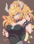  armlet artist_name bare_shoulders black_dress black_nails blonde_hair blue_eyes blush bowsette bracelet breasts breathing_fire cleavage collar commentary crown dress earrings english_commentary fire horns jewelry large_breasts looking_at_viewer mario_(series) nail_polish new_super_mario_bros._u_deluxe open_mouth pointy_ears ponytail sharp_teeth spiked_bracelet spiked_collar spiked_shell spikes strapless strapless_dress super_crown super_mario_bros. teeth turtle_shell yume_ou 